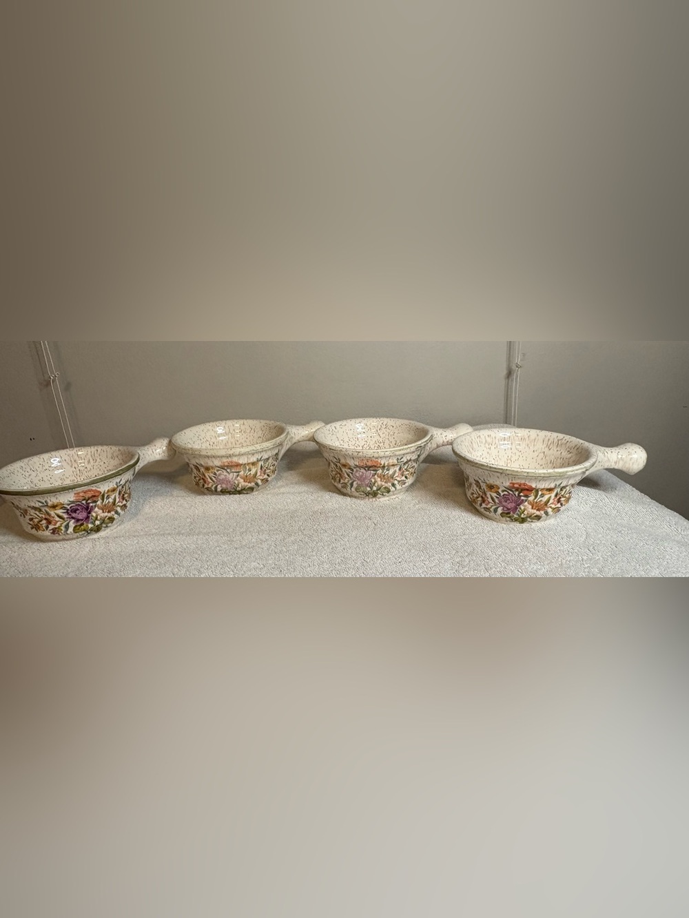 Vintage Monmouth Western Pottery Handled Soup Bowls Set of 4 Floral Speckled